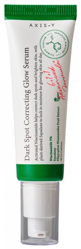 AXIS-Y Dark Spot Correcting Glow Serum in een witte tube met groene dop. De tekst op de tube is in het Engels.