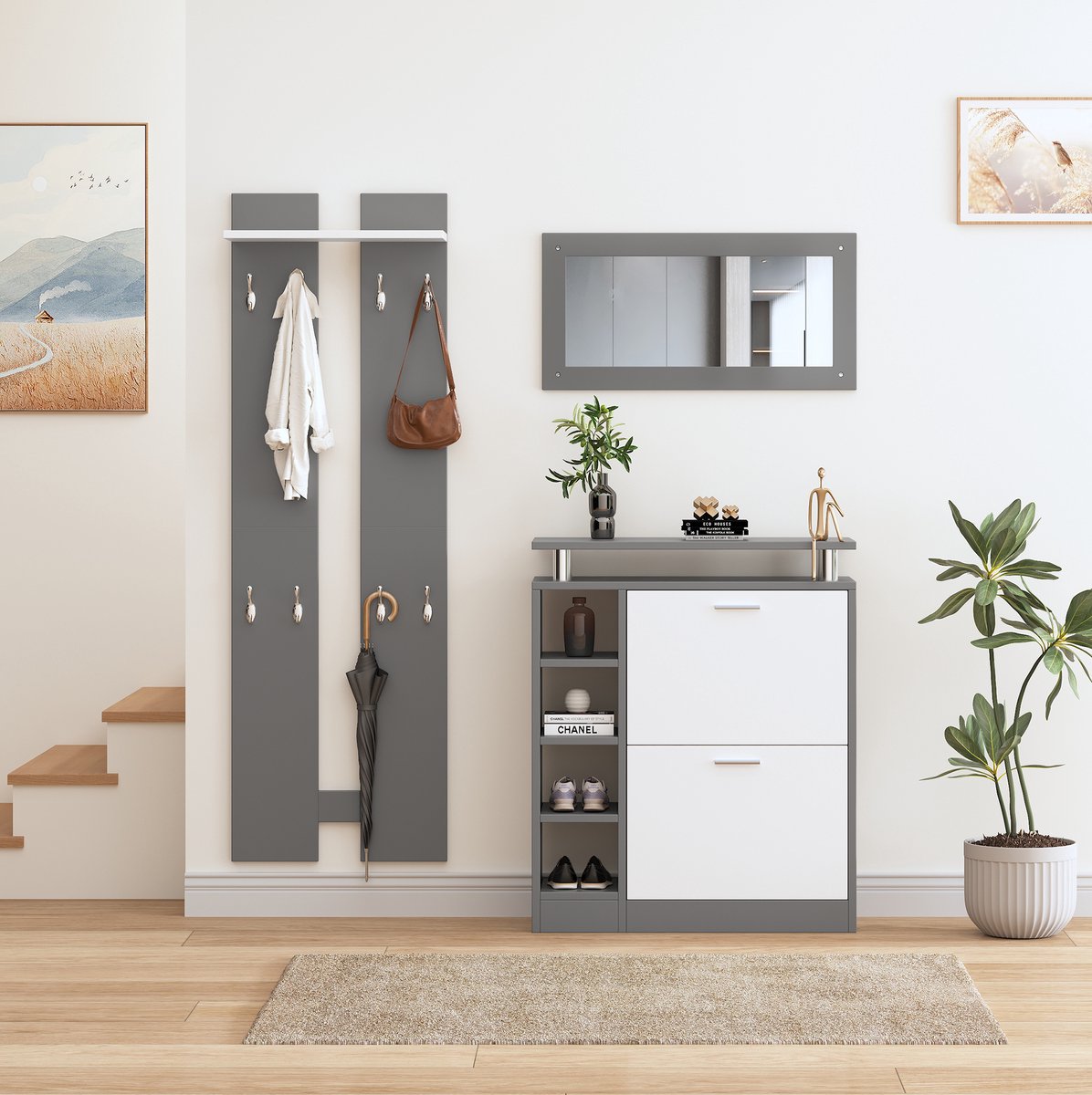 MEUNIQ Schoenenkast met wandgarderobe set 80 x 25 x 96,5 cm met spiegel, 2 wandpanelen, 8 haken en verstelbare legplanken voor hal of entree in grijs en wit