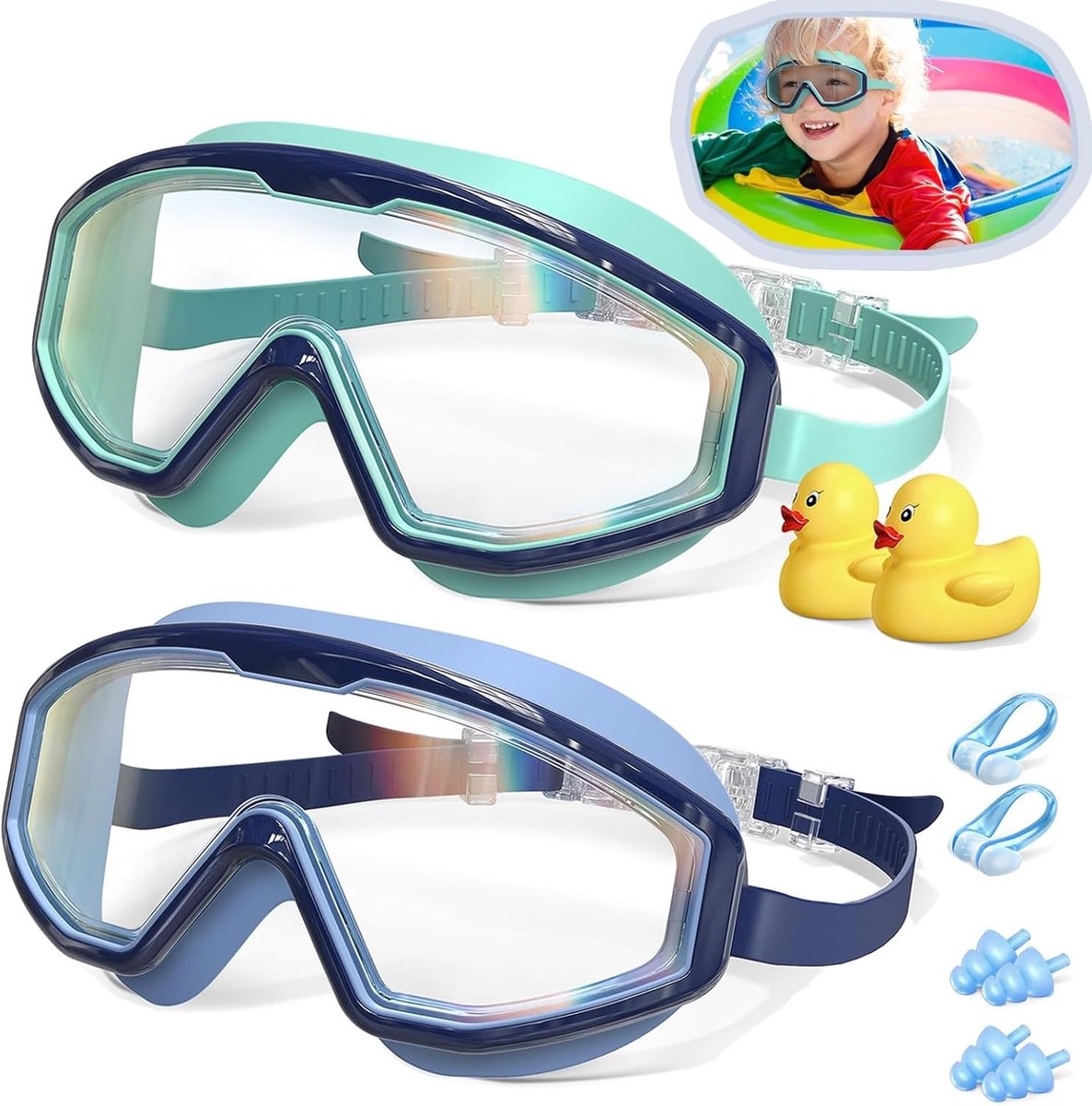 Set van 2 Zwembrillen voor Kinderen - Anti-fog, UV-bescherming en Grote Lenzen voor Optimale Zichtbaarheid en Comfort tijdens het Zwemmen
