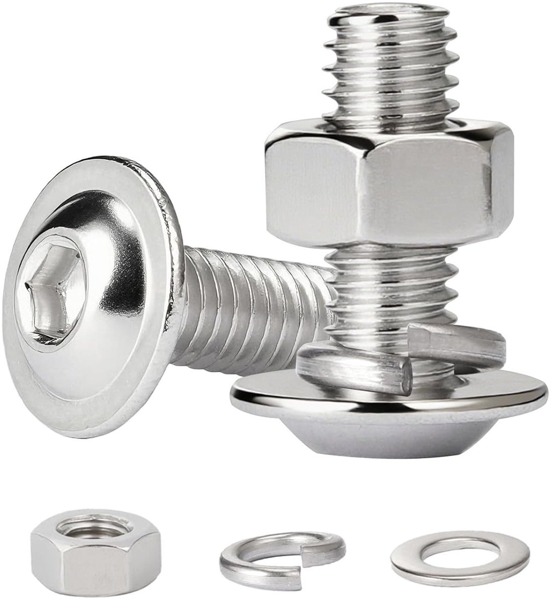 10 Stuks Inbusbout M6x30 mm, Bolkopschroef Schroevenset met Zeskantmoer en Veerring Sluitringen, Roestvrij Staal A2 V2A Volledig Schroefdraad Platkopschroef
