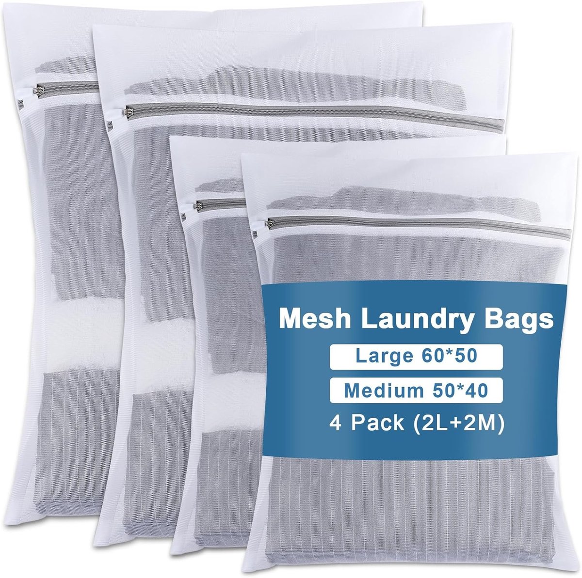 Set van 4 Waszakken met Rits voor de Wasmachine, Fijnmazig en Duurzaam, Beschermt Kleding, Ondergoed en Delicate Stoffen (2L + 2M)