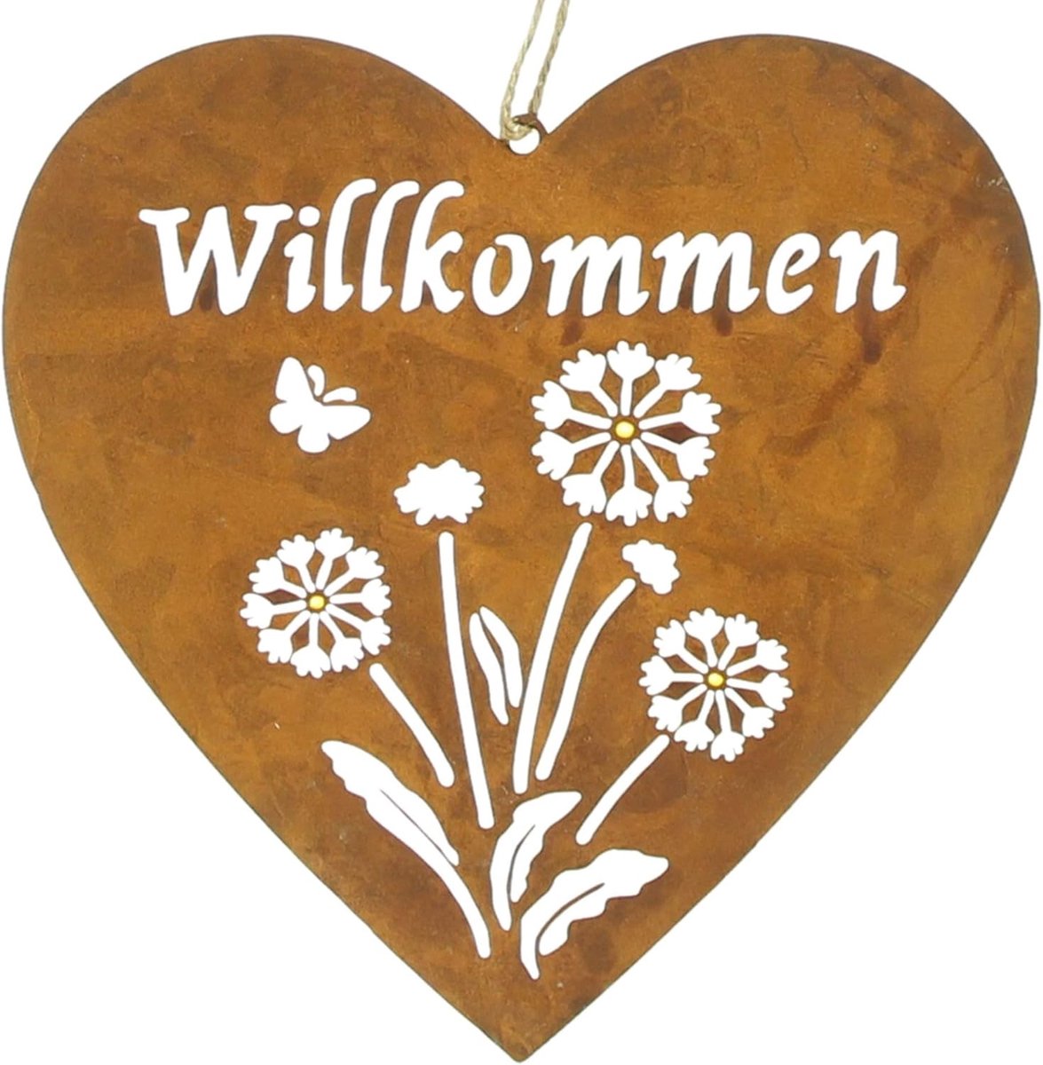 khevga Hartvormige hanger Welkom van metaal – roestlook deurdecoratie met bloemenmotief en sisal koord – 20 cm tuindecoratie om op te hangen