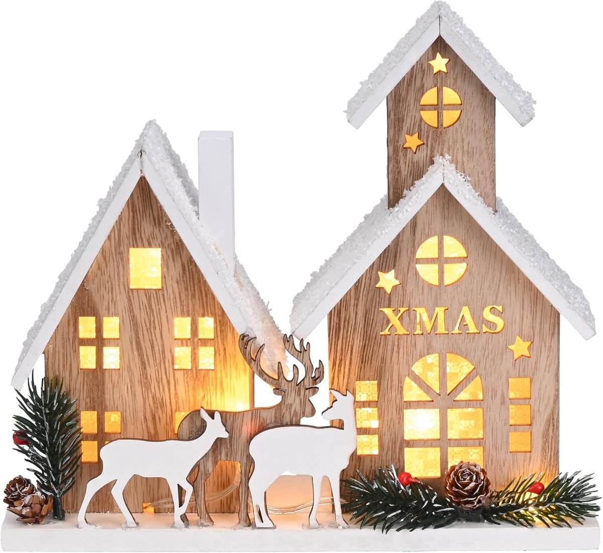 Houten Kerstdecoratie met LED-verlichting - Nordisch Cabin - Elch en Boom - Sfeervolle winterse ambiance - ShopVlot