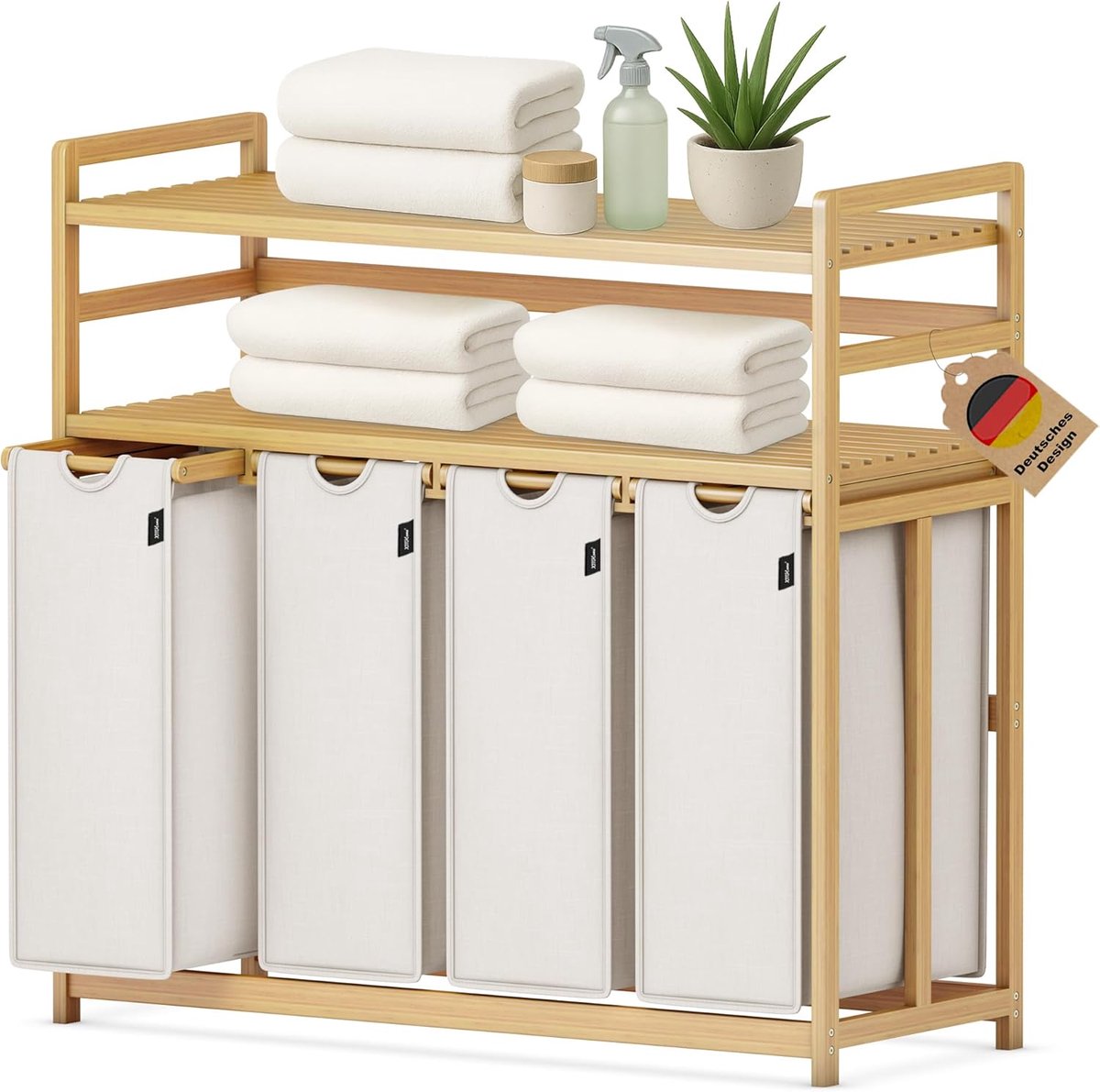 Wasmand 198 liter - 4 compartimenten - bamboe met dubbele plank - ruimtebesparend voor de was - ShopVlot
