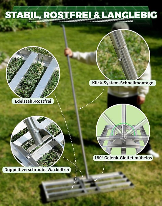 SnelShoppen - Gras Graderingshark 80x30cm met RVS Handvat 140-215cm - Tuin Rake voor Niveaueren en Zandelen van het Gazon — afbeelding 4
