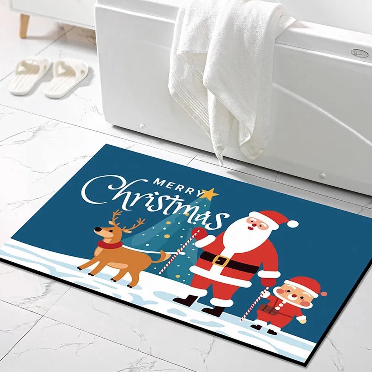 SnelShoppen - Kerst Badmat Santa, Zacht Dun Diatomiet Vloerkleed, Waterabsorberend Toiletmat 24 x 36 inch, Blauw, Ideaal voor Badkamer, Feestdagen