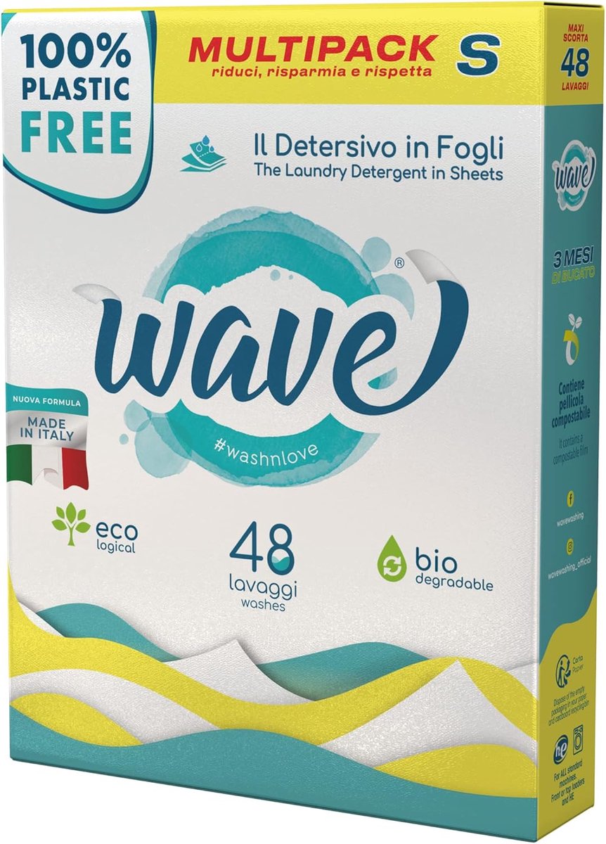 SnelShoppen - Wave Washing Classic Wasmiddel in Vellen - 100% Plastic Vrij - Multipack S - 48 Wasbeurten - Ecologisch en Biologisch Afbreekbaar - Comp