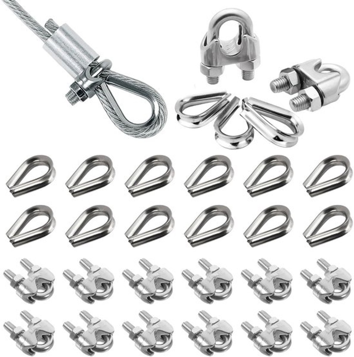 Set van 24 Kabelklemmen 5mm en 12 M5 Kabelklemmen met Kabelsleeves, Roestvrijstalen U-Bolt Klemmen voor Draad en Staal Kabelverbindingen
