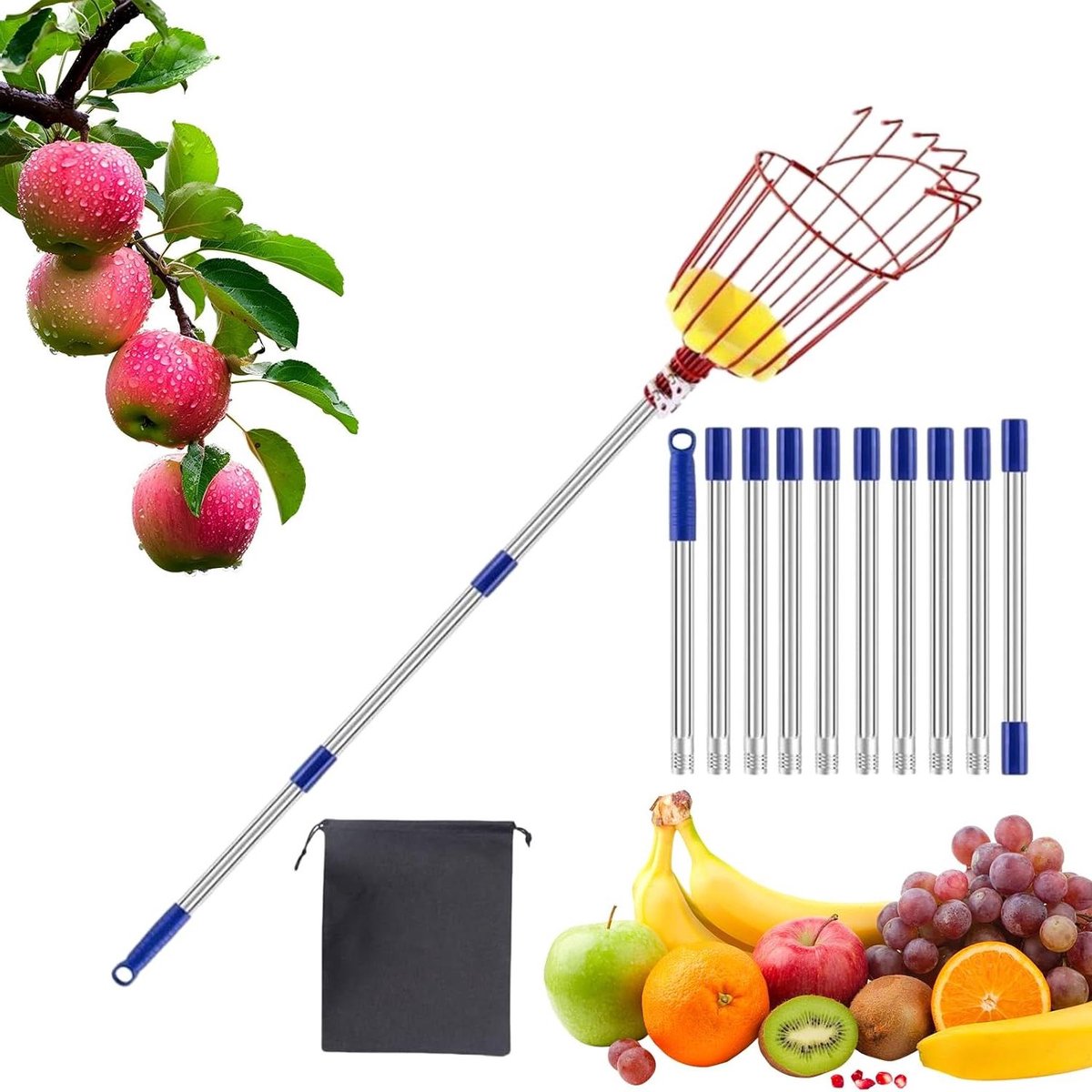 Fruitplukker met Mand - Plukstok Fruit - Fruit Oogsten - Telescopisch Verstelbaar - 400 cm - Zilver