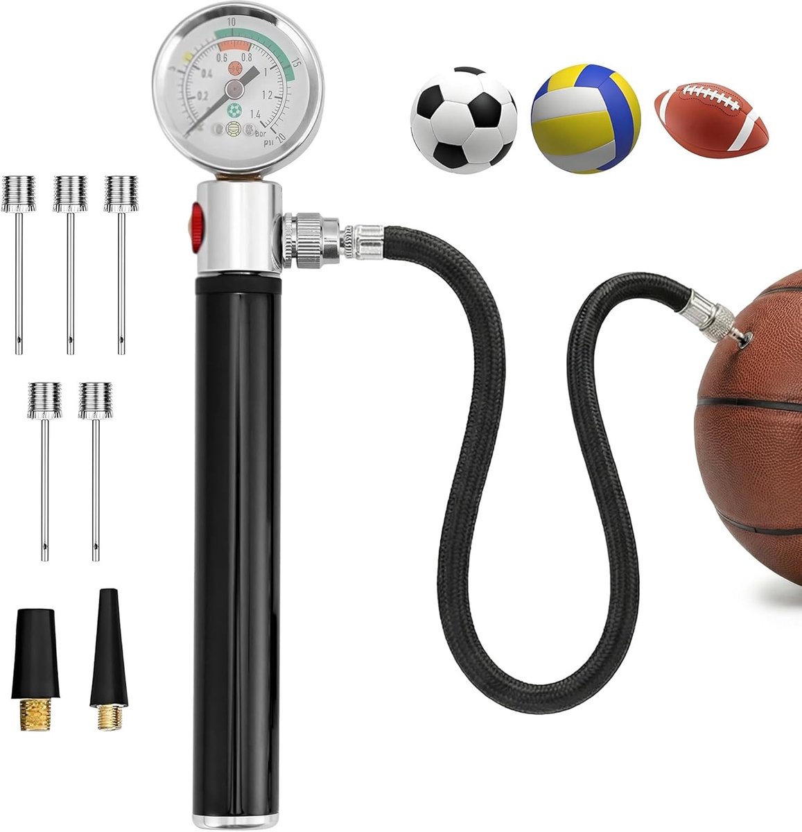 Ballenpomp met Manometer - Aluminium - Mini Formaat - Draagbare Luchtpomp voor Diverse Sportballen