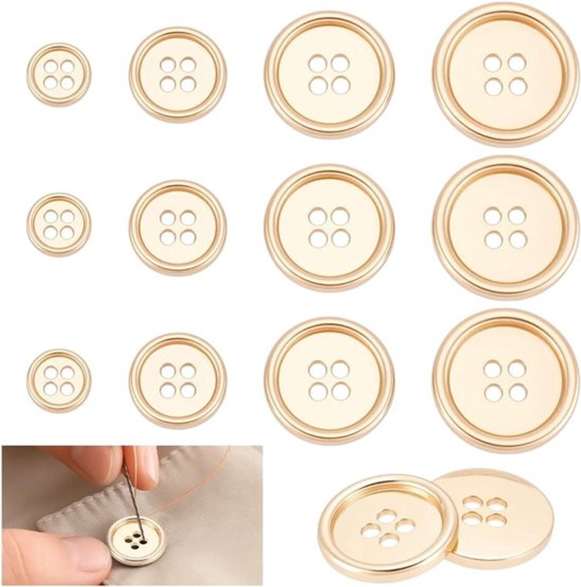 20 Stuks 4 Maten 4 Gaten Zink Legering Knopen - Platte Ronde Metalen Naai Knopen voor Kleding, Jassen en Creatieve Projecten, Licht Goud, Diameter: 10-22,5 mm