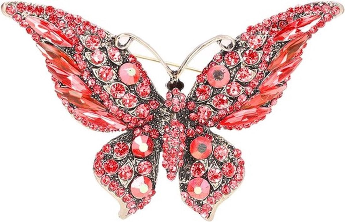 Kleurrijke Vlinder Speld met Kristallen Waterdril, Rode Edelstenen en Zilveren Veren voor Dames en Meisjes, Perfect voor Feestelijke Gelegenheden en Accessoires