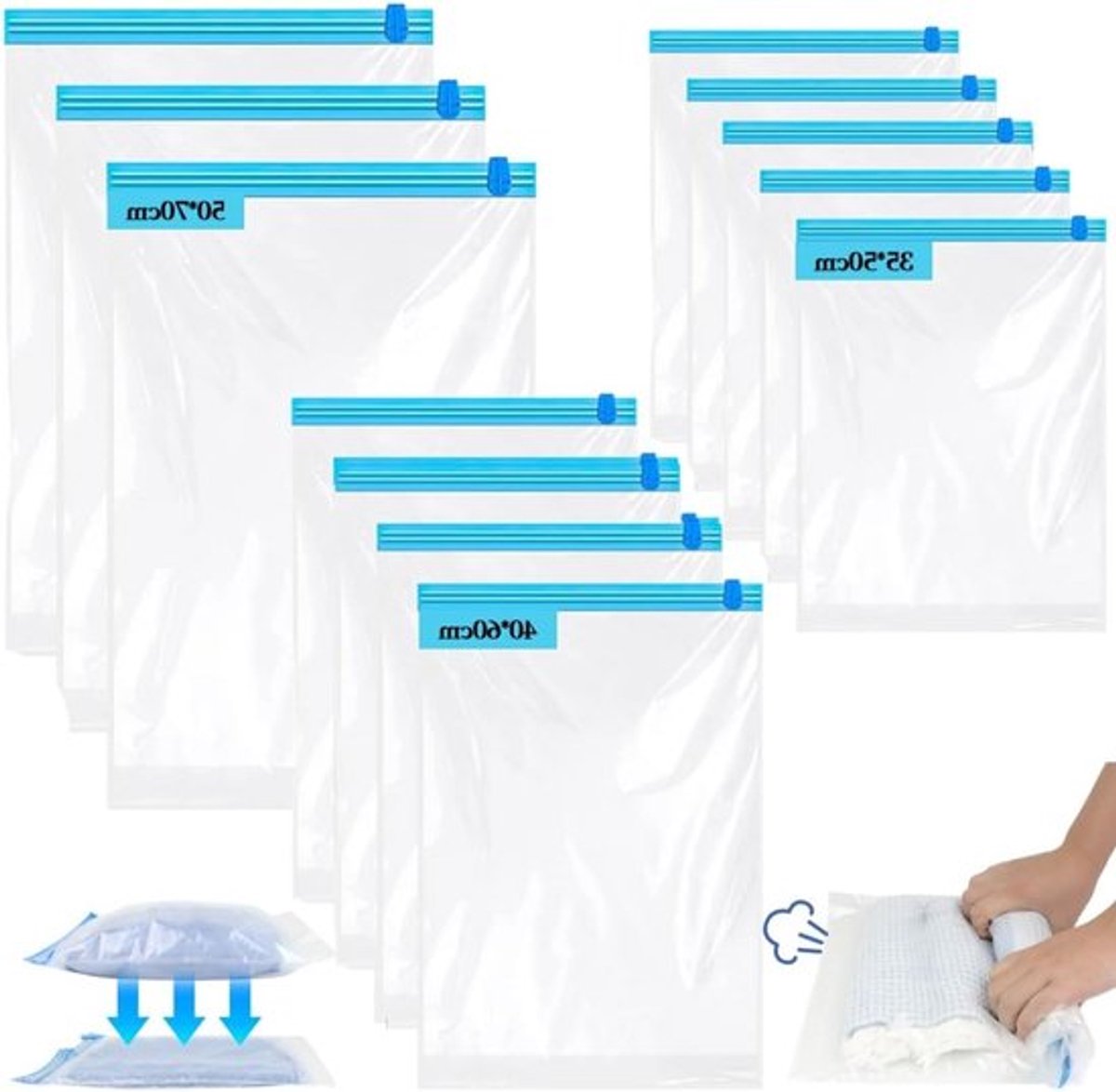 12 Stuks Vacuümzakken voor Kleding - Reisaccessoires zonder Pomp, Ideaal voor Vakantie, Opbergen en Ruimtebesparing (5 x 35 x 50 cm / 4 x 40 x 60 cm / 3 x 50 x 70 cm)