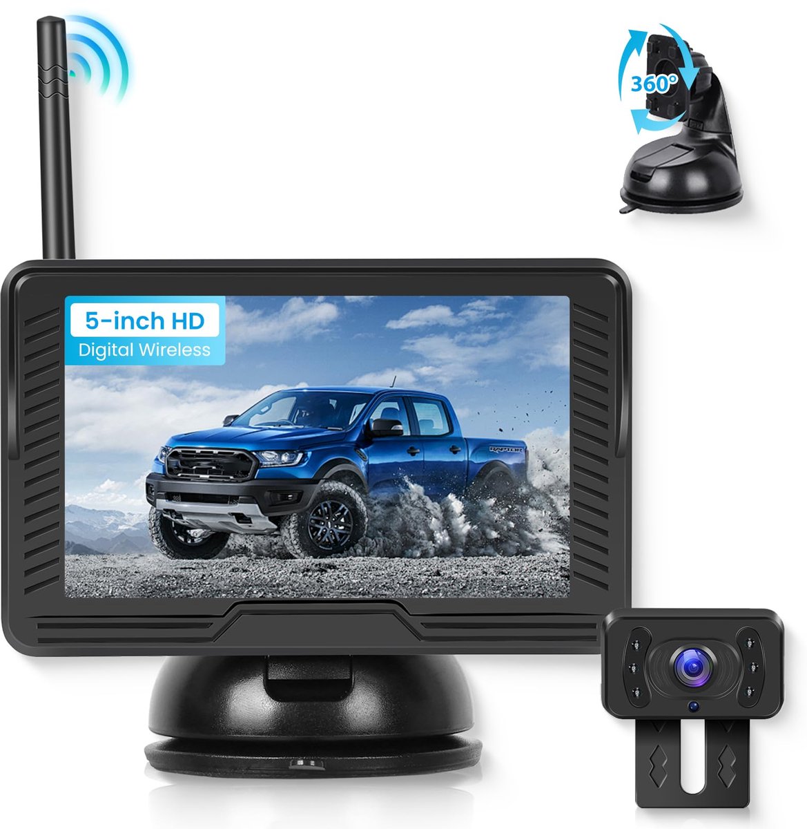 SnelShoppen - Draadloze Achteruitrijcamera met 5 Inch HD-IPS-Scherm, Waterdicht IP69, Nachtzicht, Stabiel Signaal, Lijngeleiding, Afneembare Houder, D