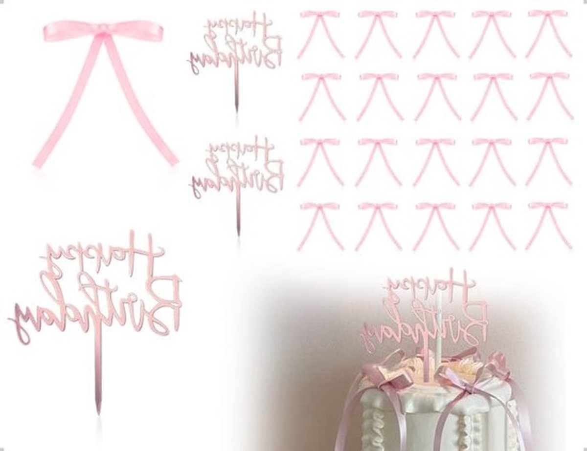 22 Stuks Taartdecoratie Strikken voor Verjaardagen en Jubilea - Persoonlijke Acryl Taartversiering in Roze