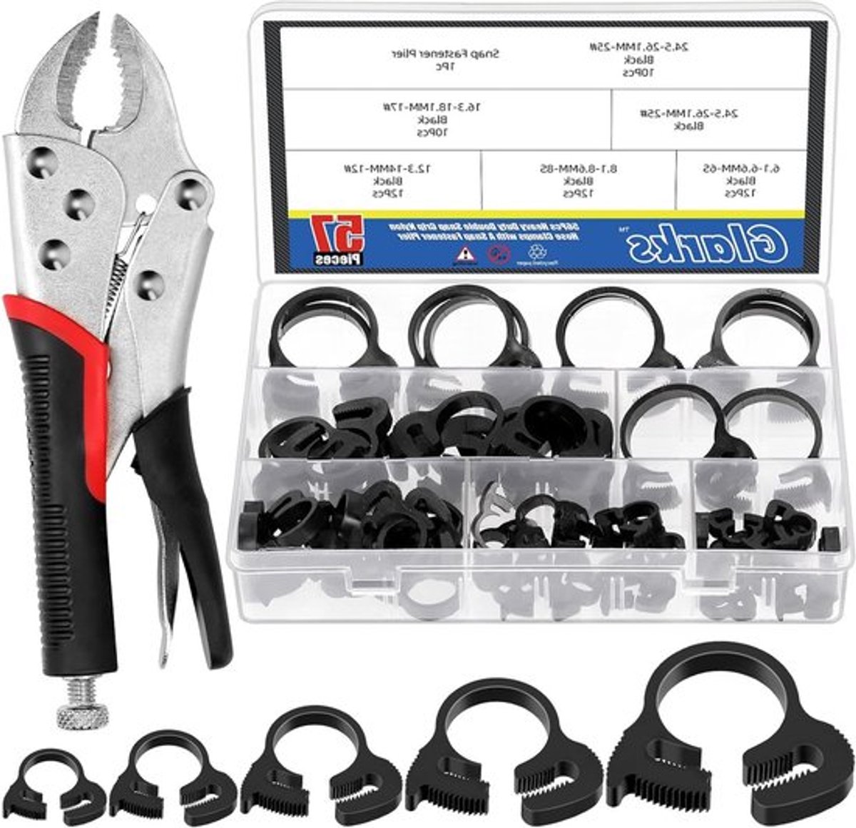 57-delige Zware Slangklemmen Set met Dubbele Grip, Nylon, van 6,1–26,1 mm, Verstelbare Slangklemmen met Vergrendelings-Tang voor Professioneel Gebruik