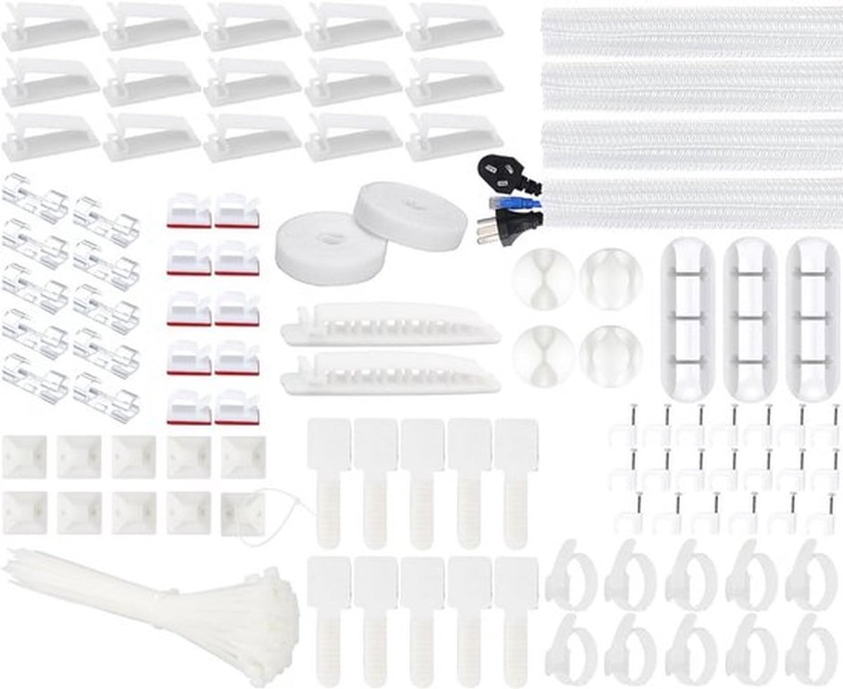 200PCS Kabelbeheer Set met 4 Kabelhoezen, 37 Kabelclips, 7 Kabelhouders en 100 Kabelbinders voor een Opgeruimd Bureau en TV Setup