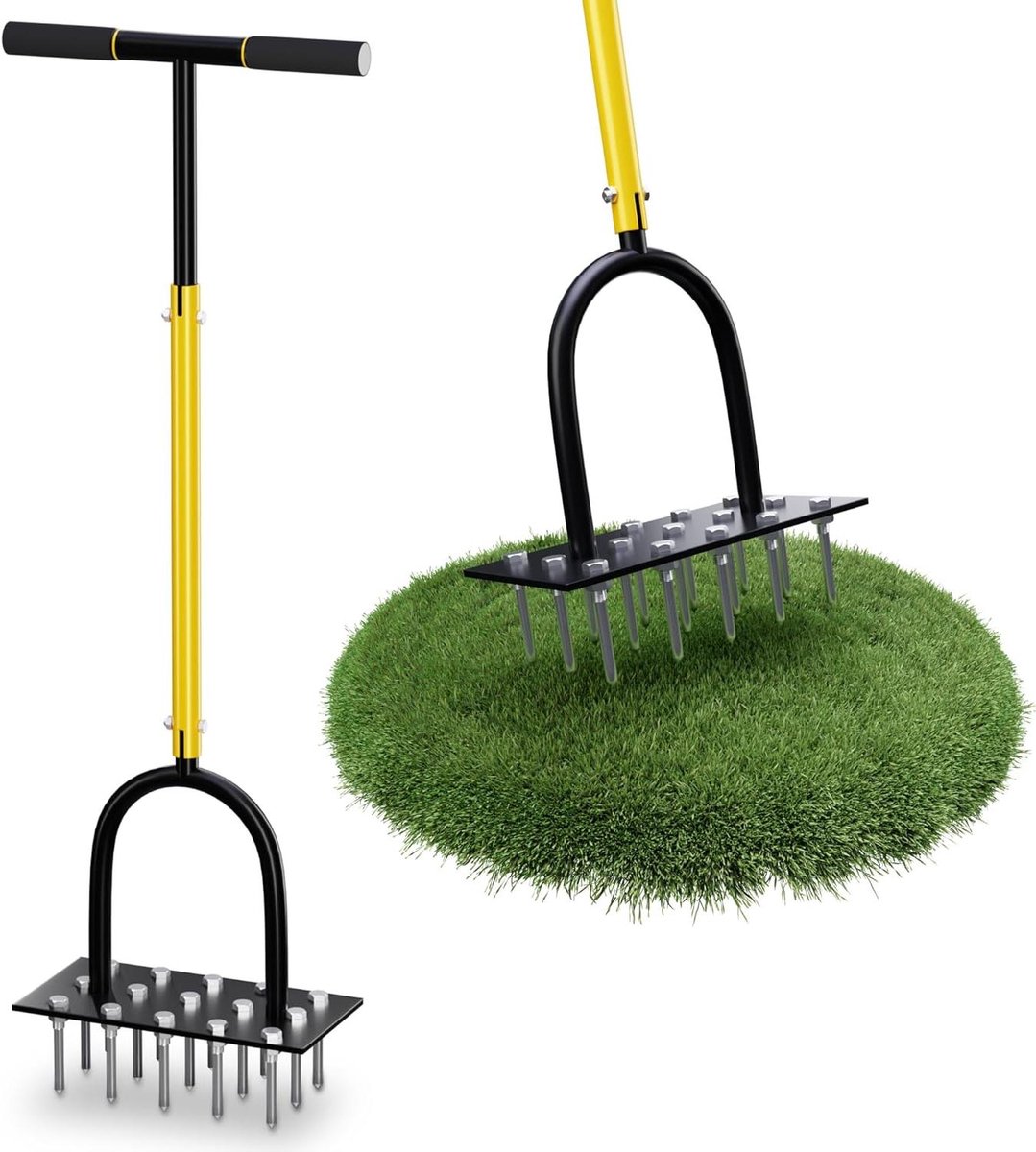 Gazonbeluchter Koolstofstaal - Bodemluchtiger Handmatig - Gazon Onderhoud - 15 Stalen Spikes - 90 Cm Lengte - Grijs