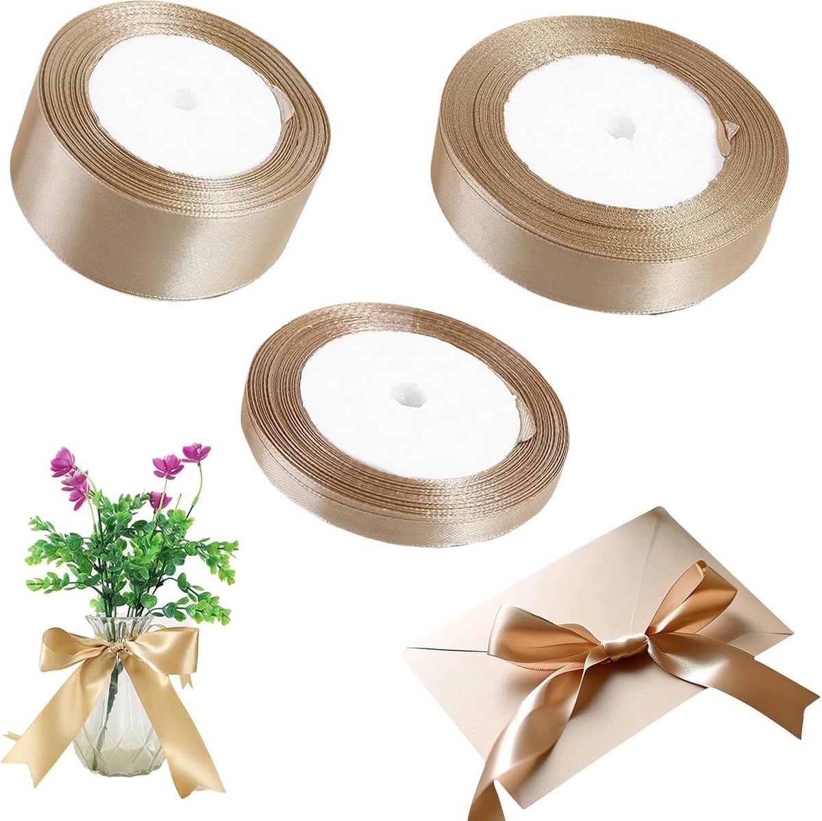 SnelShoppen - 3 Rollen Gouden Satijnen Lint, Decoratielint voor Feestelijke Gelegenheden zoals Kerst, Trouwen, Valentijnsdag - Duurzaam Polyester - Di