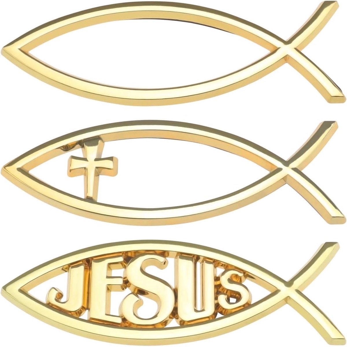 SnelShoppen - 3 Stuks 3D Auto Jezus Vis Sticker - 3 Stijl Christelijk Kruis Vis Embleem Metaal Optische Sticker voor Auto Ramen, Laptops, Bagage, Koel