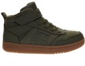 Khakigroene mid-top sneaker met bruine zool, veters en klittenbandsluiting. SKECHERS logo op de zijkant en wreef.