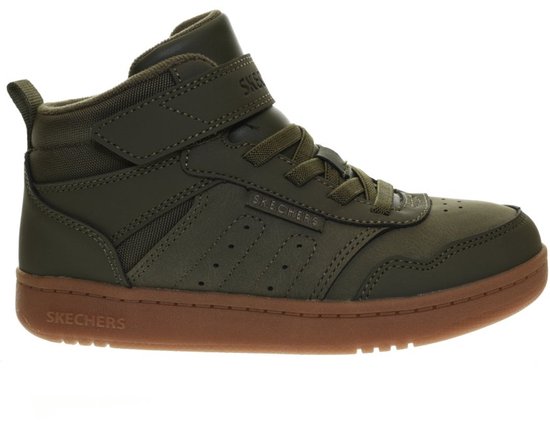 Khakigroene mid-top sneaker met bruine zool, veters en klittenbandsluiting. SKECHERS logo op de zijkant en wreef.