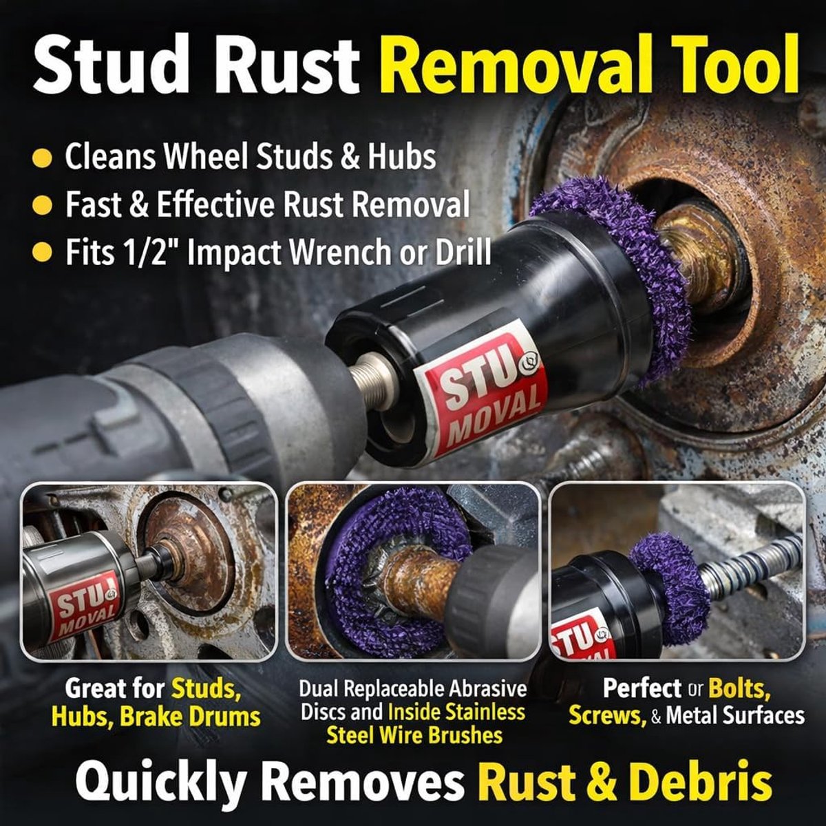 SnelShoppen - Wheel Stud Hub Cleaner, Stud Verwijder Tool, Ondersteunt Lucht of Elektrisch, Geschikt voor 1/2 Impact Wrench, Snelle en Eenvoudige Scho