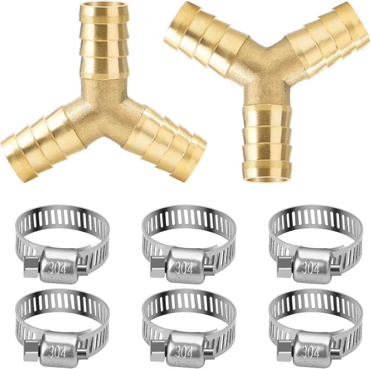 SnelShoppen - Messing Y-stuk Slangconnector 12mm 3-Weg Slangverbinder met 6 Slangklemmen voor Tuin, Camping, en Huishoudelijk Gebruik