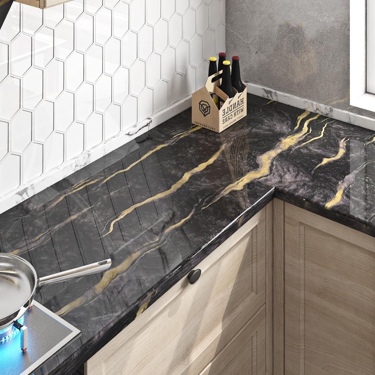 24"x200" Zwart en Goud Marmer Contactpapier voor Keuken - Waterdicht, Zelfklevend en Perfect voor Werkbladen en Kasten