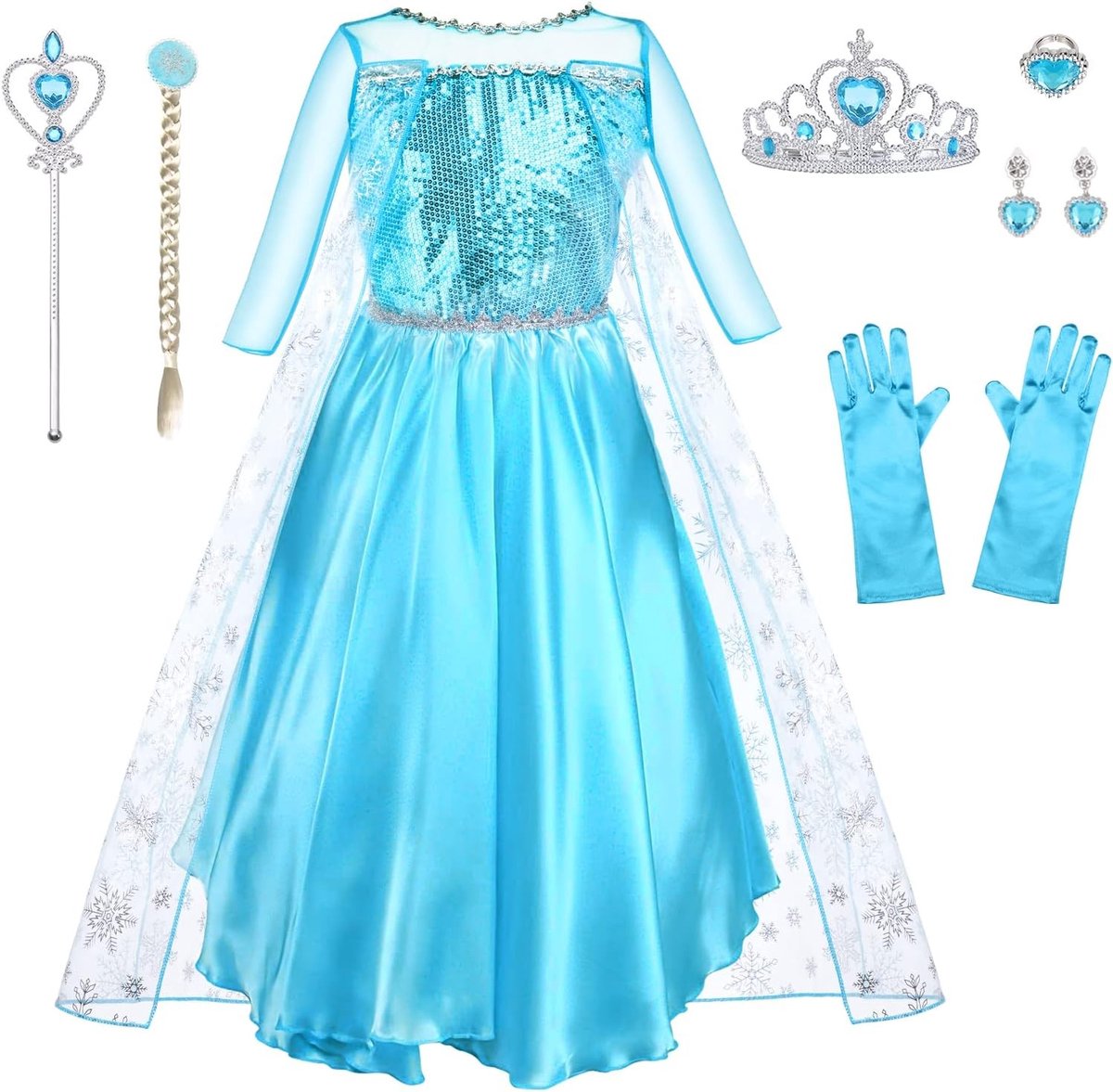 Kinderen Meisjes Kostuum 9-delig Set met Jurk, Kroon, Tiara, Handschoenen en Toverstaf voor Feestdagen, Carnaval en Verjaardagsfeestjes