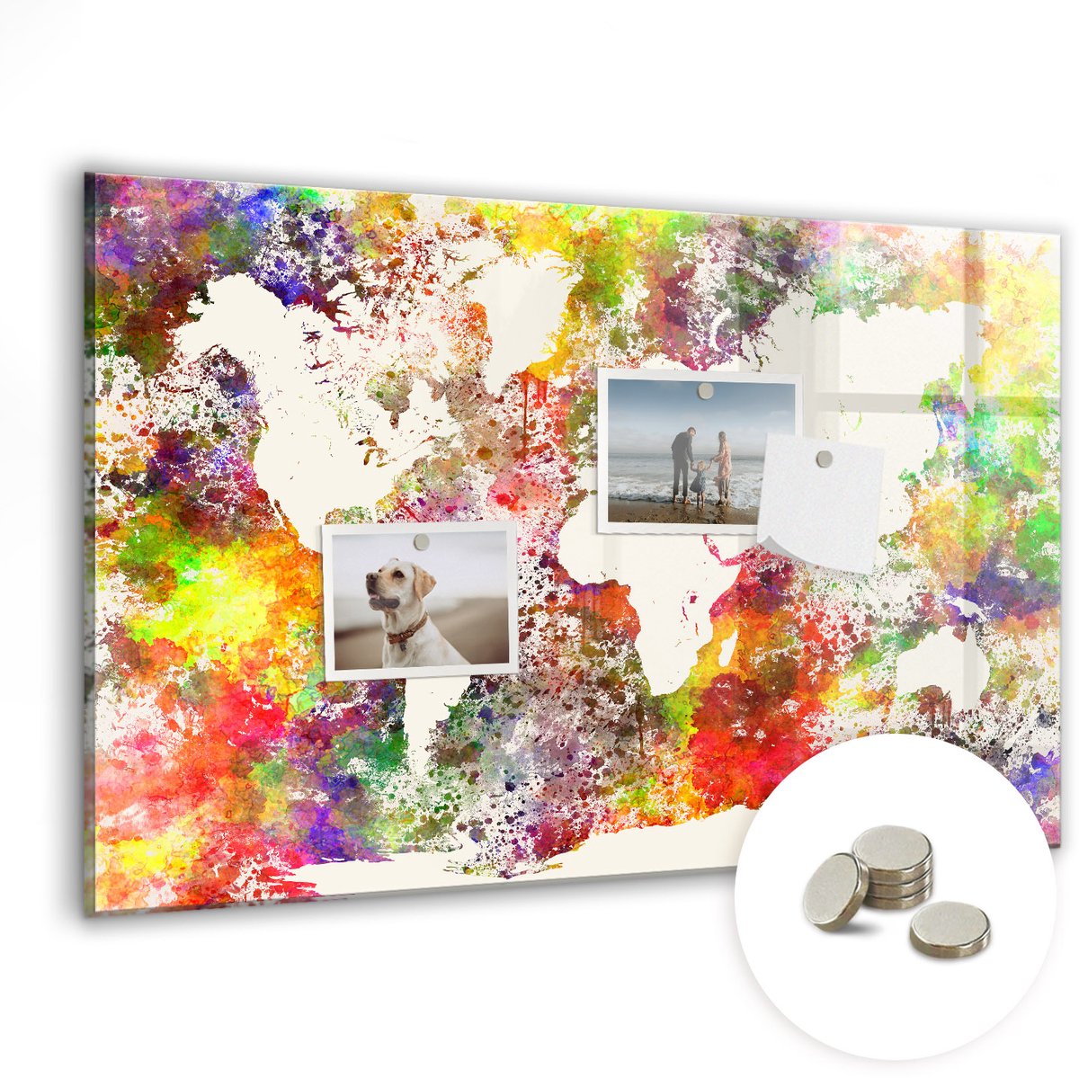 Coloray Glazen Magneetbord - Magnetisch Bord Wereldkaart in aquarel - 60x40 cm - Veelkleurig Magneetbord - Magnetic Board - Magneetbord Design