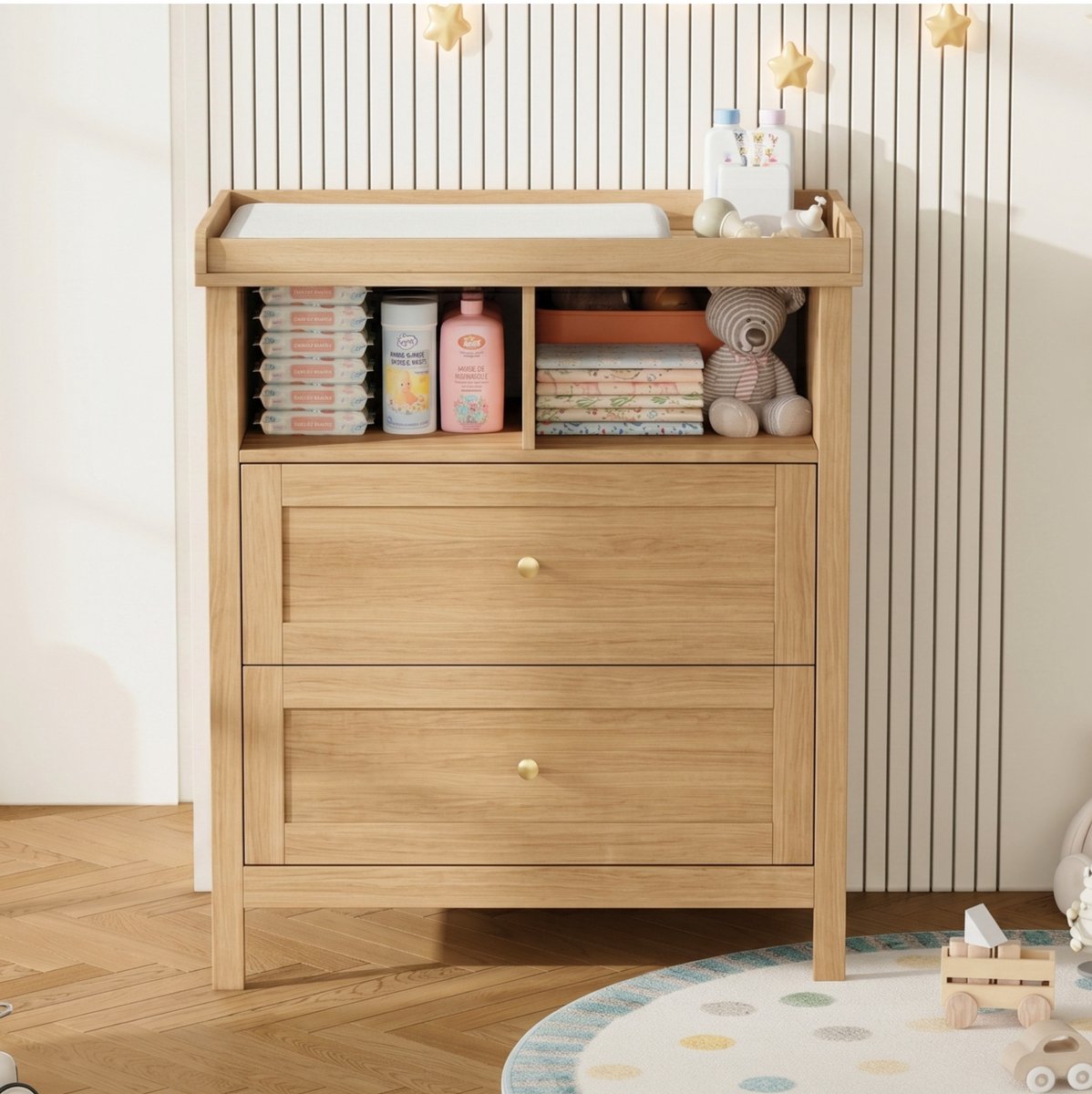 FloraGrace Wickelkommode - Afneembare Wickelopzet Met Schuifladen - Voor Babykamer En Woonruimte - MDF - Natural - 82x50x90 Cm