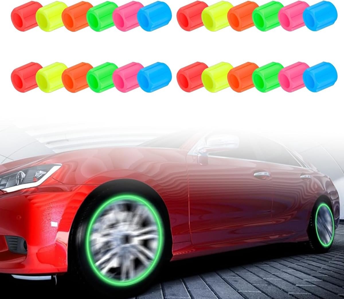 Luminous Ventieldoppen voor Auto- en Fietskettingen - Fluorescerende Caps in 6 Kleuren, Universeel en Waterdicht voor Auto's, Fietsen en Motoren