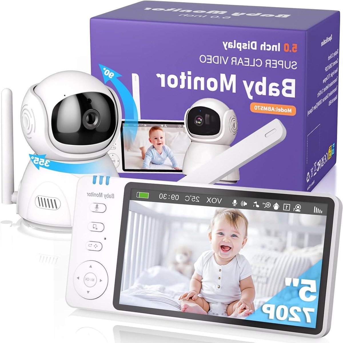 Babyfoon Met Camera - Videomonitor Kind - Baby Bewaken - Geen Wifi Nodig - 5 Inch Scherm - Wit