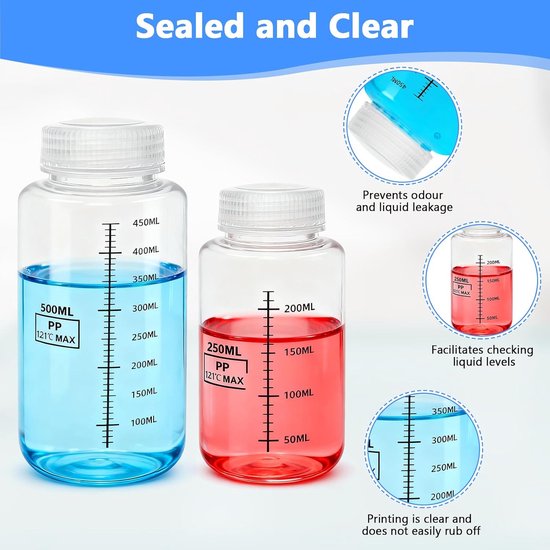 SnelShoppen - 5 Stuks Brede Nek Fles 500ml 250ml Laboratorium Fles met Schroefdop, Inclusief Etiketten, Spuit en Flesborstel voor het Bewaren van Vloe — afbeelding 2