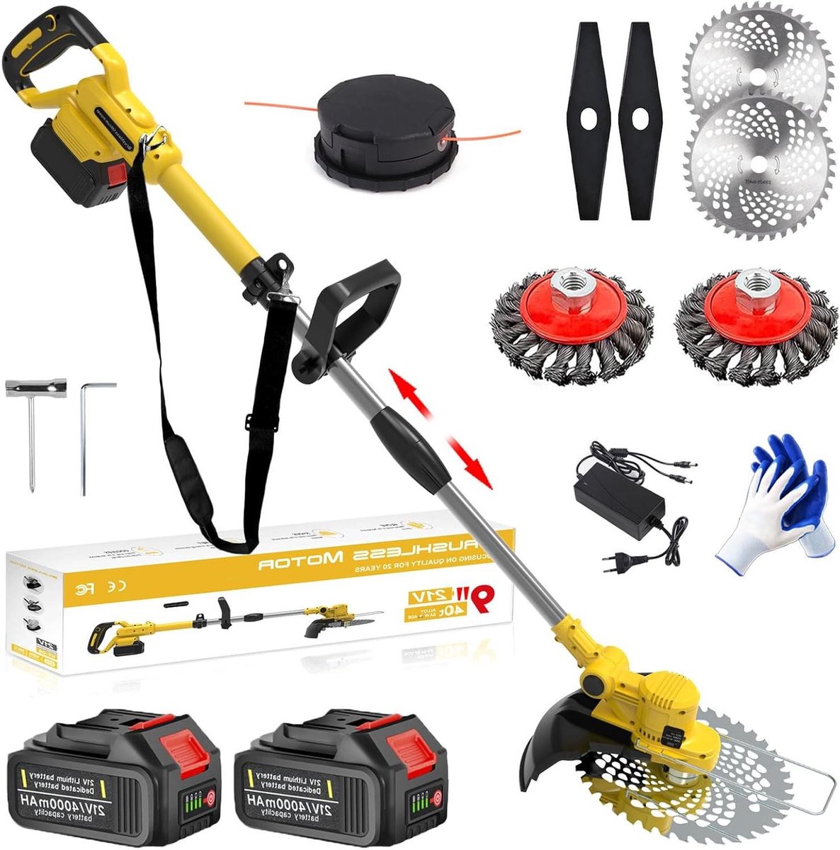 Accu Grastrimmer - Bosmaaier Onkruidborstel - Gazon Onderhoud - Borstelloze Motor - 2x 4.0Ah Accu - Zwart