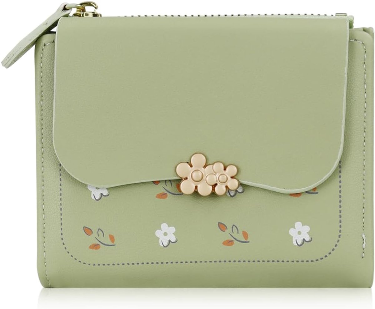 Thijox - Kleine Damesportemonnee met Schattige Bloemen, Compact en Opvouwbaar, PU-leer, ID-venster, Groen, 11,5 x 9 x 2,5 cm, Perfect voor Feestjes en