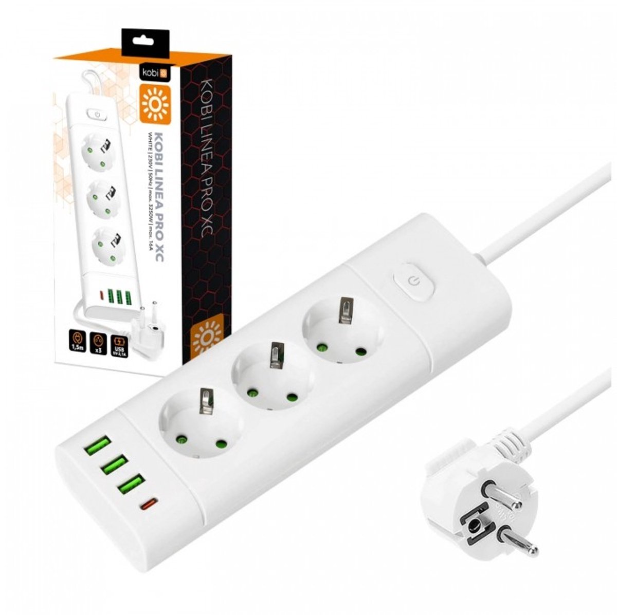Kobi LINEA PRO XC stekkerdoos met 3 stopcontacten - 3x USB-A en USB-C - 1.5 meter - wit | Max 3250 watt