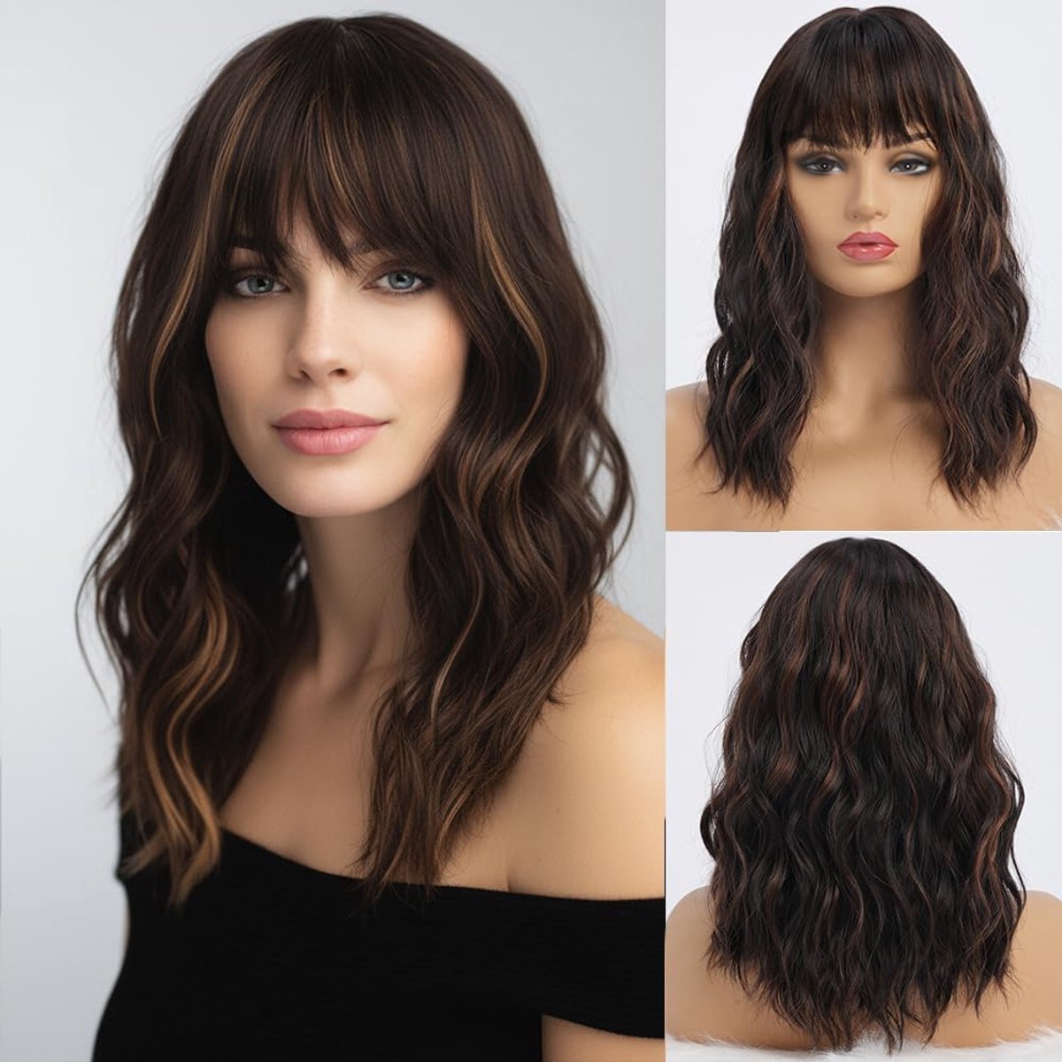 Synthetic Wig 40 cm Medium Long Wavy Hair, Dark Brown with Highlights, Natural Look, Heat Resistant Fibres, Adjustable - ShopVlot