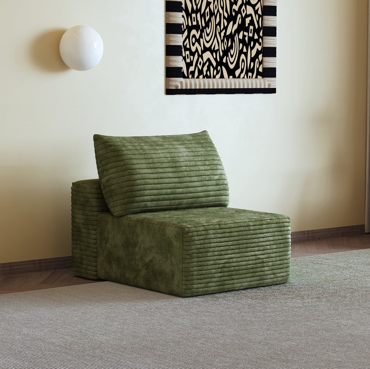 MEUNIQ Fauteuil groen van zachte ribstof, eenpersoons, zonder montage, met zachte zitting en lage loungevorm voor woonkamer of slaapkamer Green