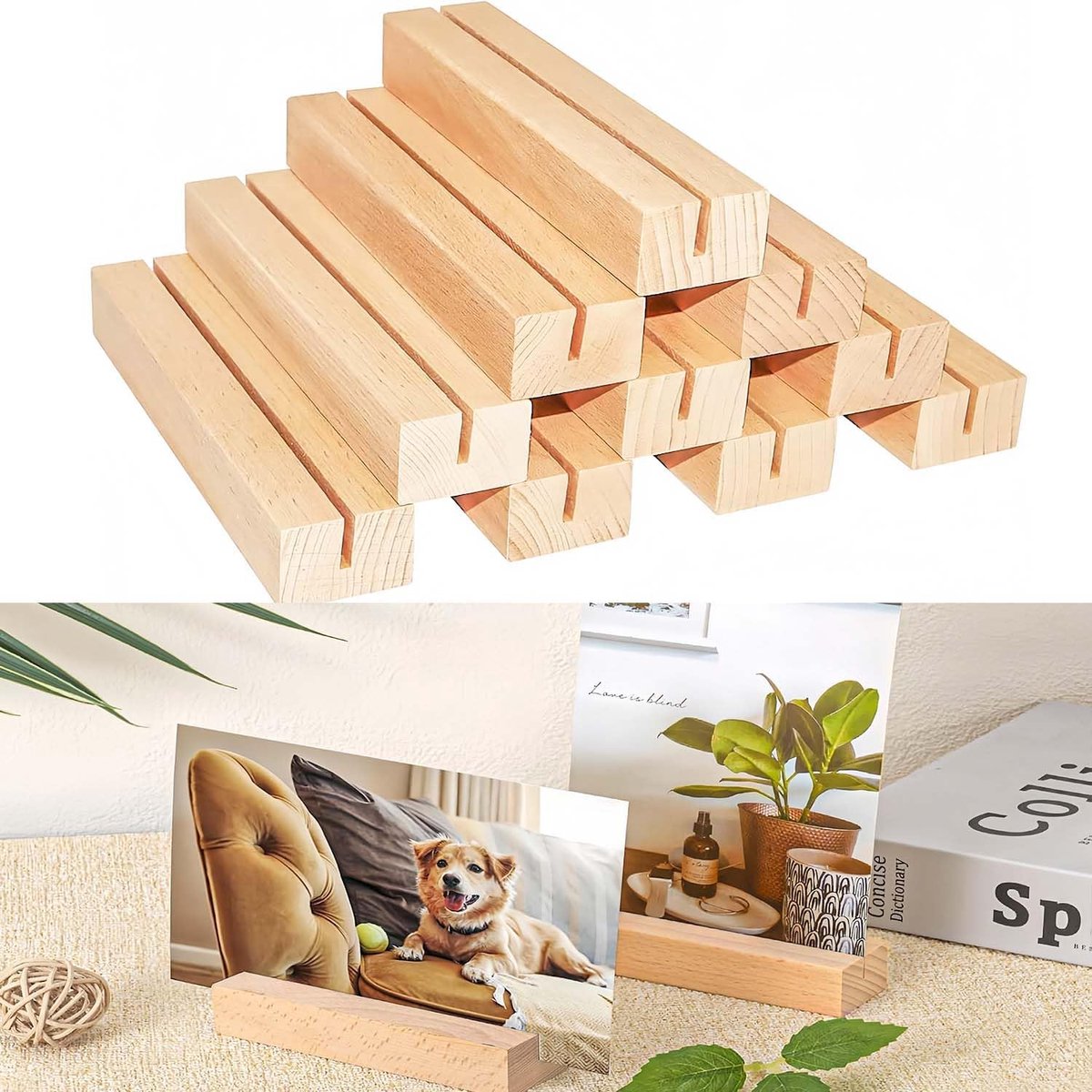 SnelShoppen - Houten Kaartenhouder 10 Stuks - Menu Kaartenhouder, Foto Houder, Postkaart Houder - Stabiele Tafelstandaard van Natuurlijke Hout - Perfe