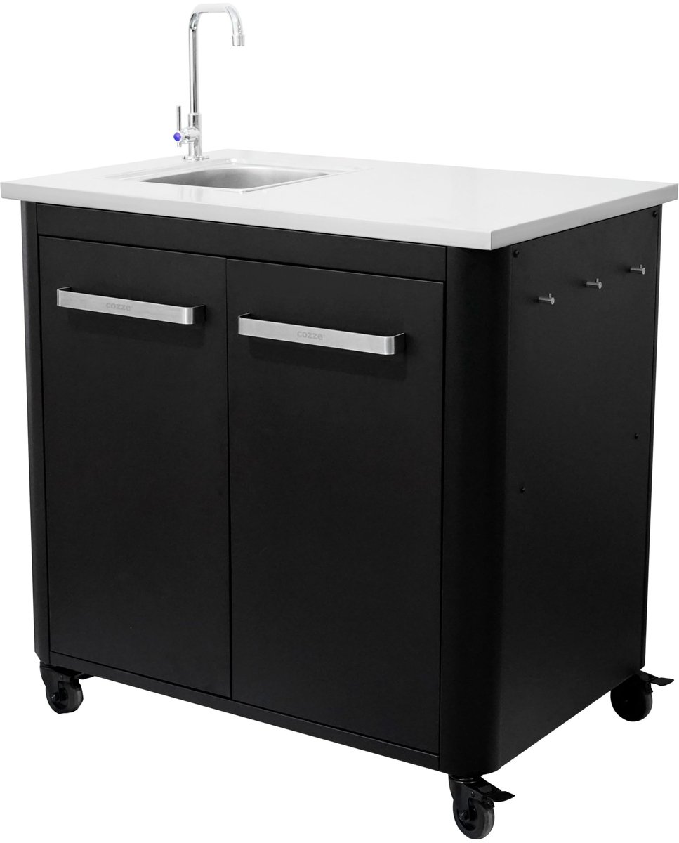 SnelShoppen - Cozze Buitenkeuken 90 met Spoelbak & Kraan - RVS Werkblad, Modulair BBQ-Prepstation met Opbergruimte, Afvalzakhouder, Haken en Wielen, M