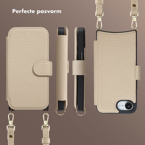 Beige telefoonhoes met koord, getoond vanuit verschillende hoeken. Perfecte pasvorm.