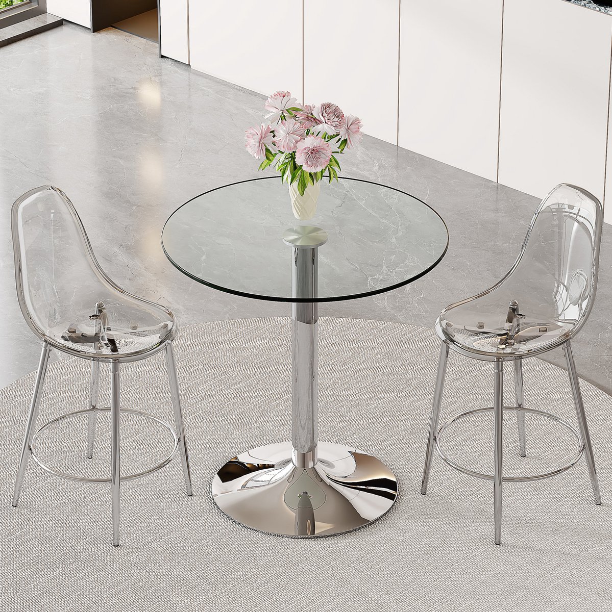 REDOM- Bartafelset - Ronde glazen tafelblad - Met 2 transparante barkrukken - Metalen frame - Modern - Open keuken - Glas en metaal - Zilver - Transparant - 89 cm