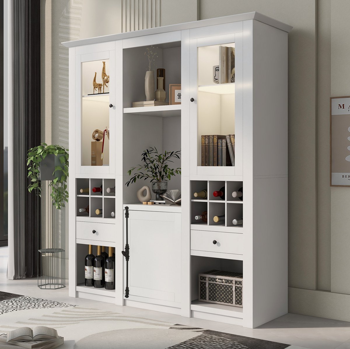 FloraGrace Vitrinekast - Led Verlichte Displaykast Met 2 Deuren En Lades - Voor Woonkamer En Interieur - MDF - Wit - 143x45.5x170 Cm
