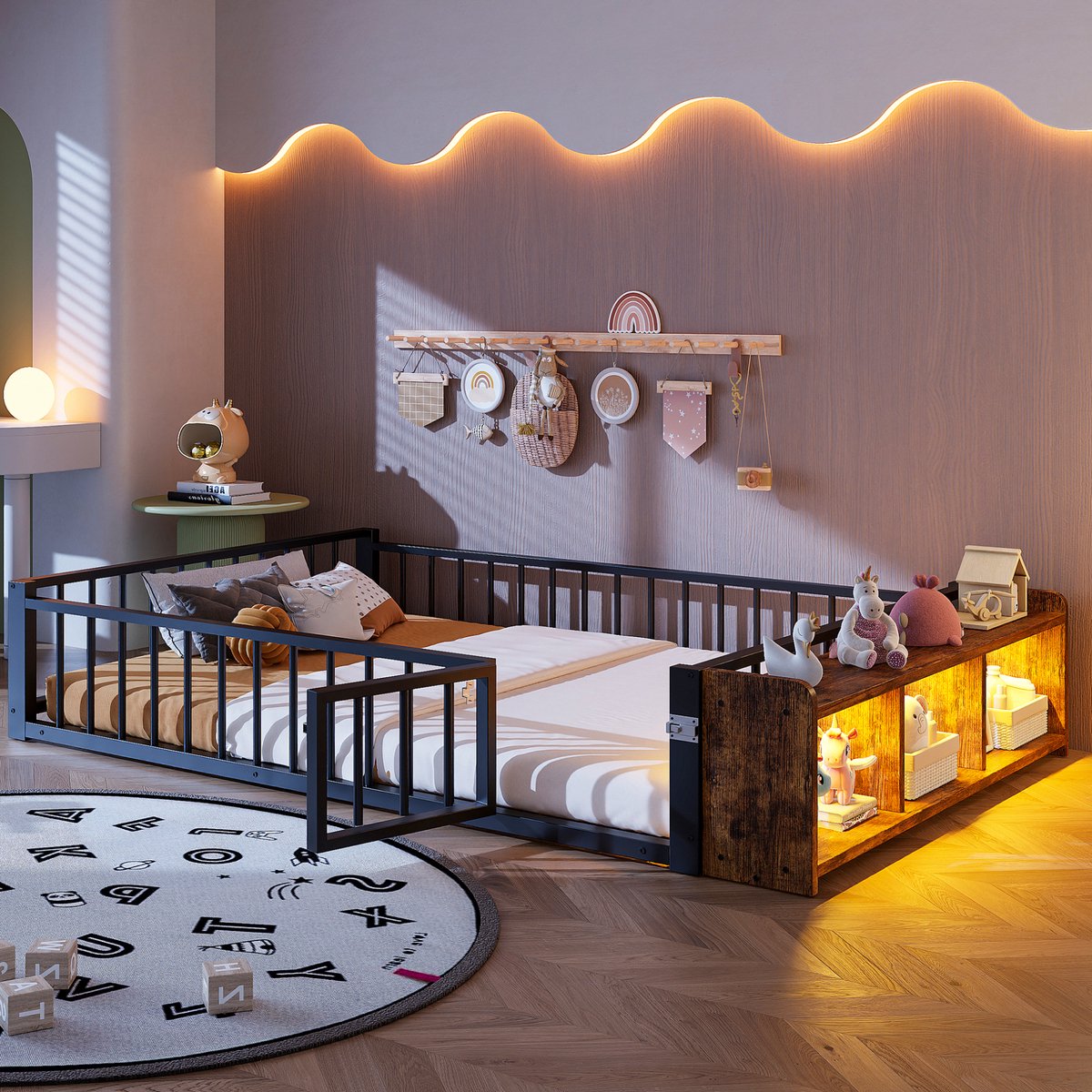 REDOM - Bedframe met beschermingshekje en open opbergruimte - Met LED-verlichting - Minimalistische stijl - Kinderkamer - Metaal en MDF - Zwart - 140 x 200 cm