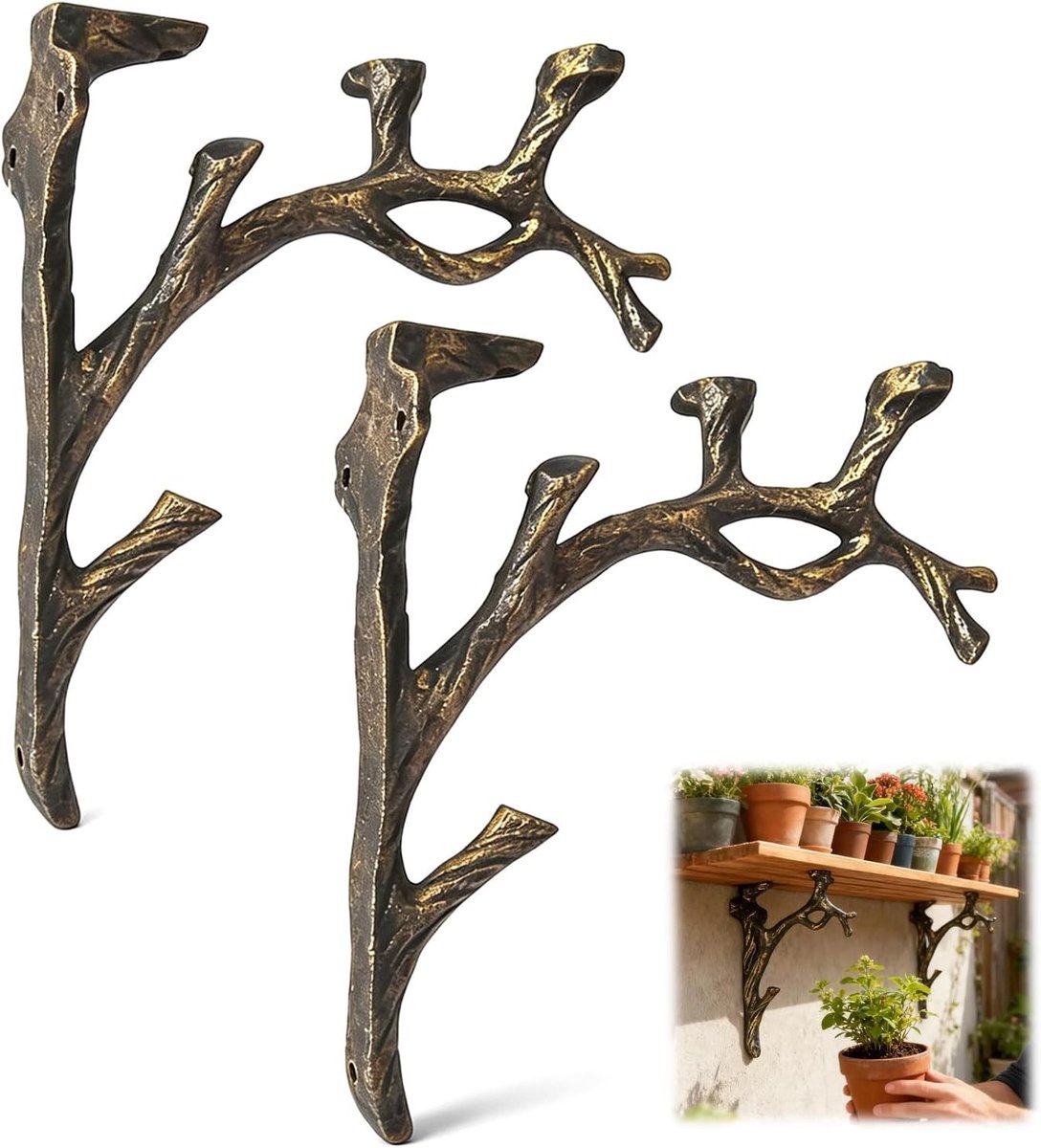 Set van 2 Vintage Wandplanksteunen in Takvorm, Stevige Muurbeugels voor Boekenplanken en Bloempotten, Decoratieve Floating Plank voor Slaapkamer, Keuken en Badkamer