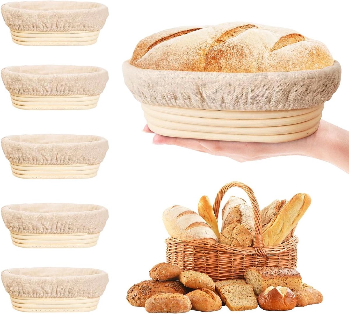 Ovale rijsmandjes - Broodbak set - Zelf brood bakken - Natuurlijk rotan materiaal - 6 stuks 15 cm - Natuurlijk