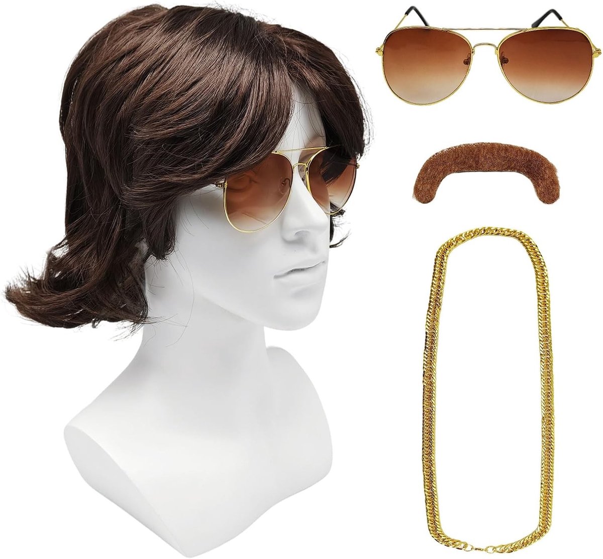 Retro 70s en 80s Kostuum Perücken Set, Disco Wigs voor Rocker en Hippie Cosplay, Inclusief Snor, Bril en Ketting voor Carnaval en Halloween Feesten