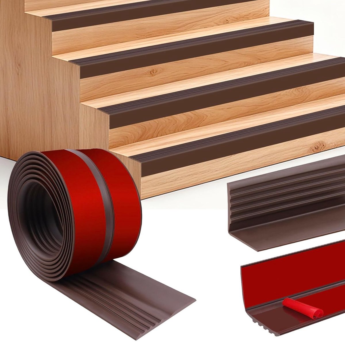 Zelfklevend Traprandprofiel voor Veiligheid en Antislip Bescherming - Flexibel Vinyl Hoekprofiel (3 m, 50 x 48 mm, Bruin) - Ideaal voor Traprenovatie en Veiligheid